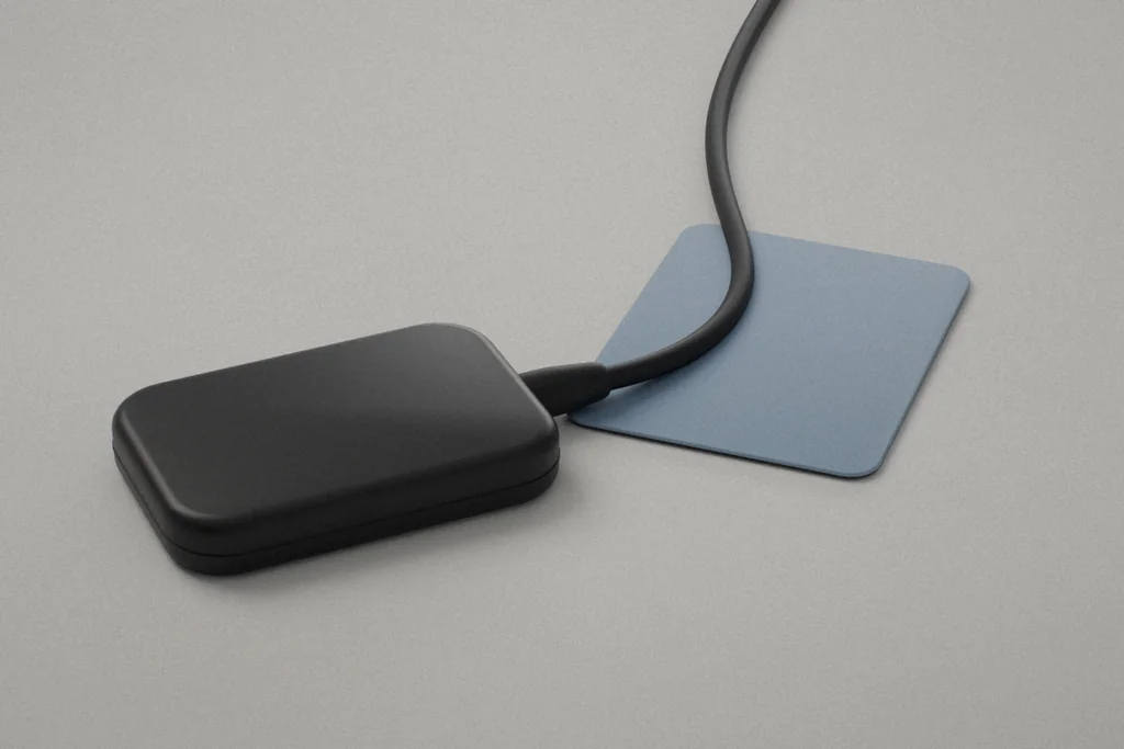 Sensor de radiología intraoral con su cable y una placa de fósforo